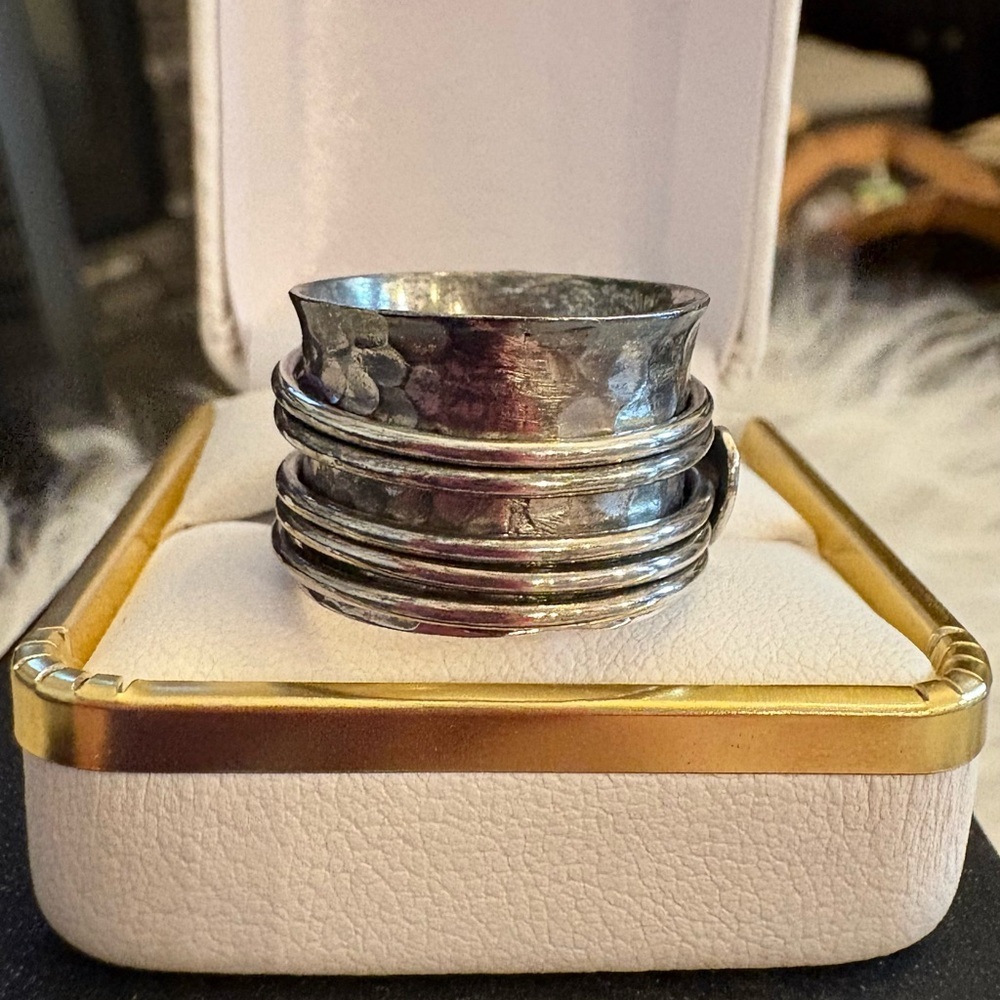 Silver Stacking Spinner Ring Set with Blue and Gray Stones - Picture 2 of 3